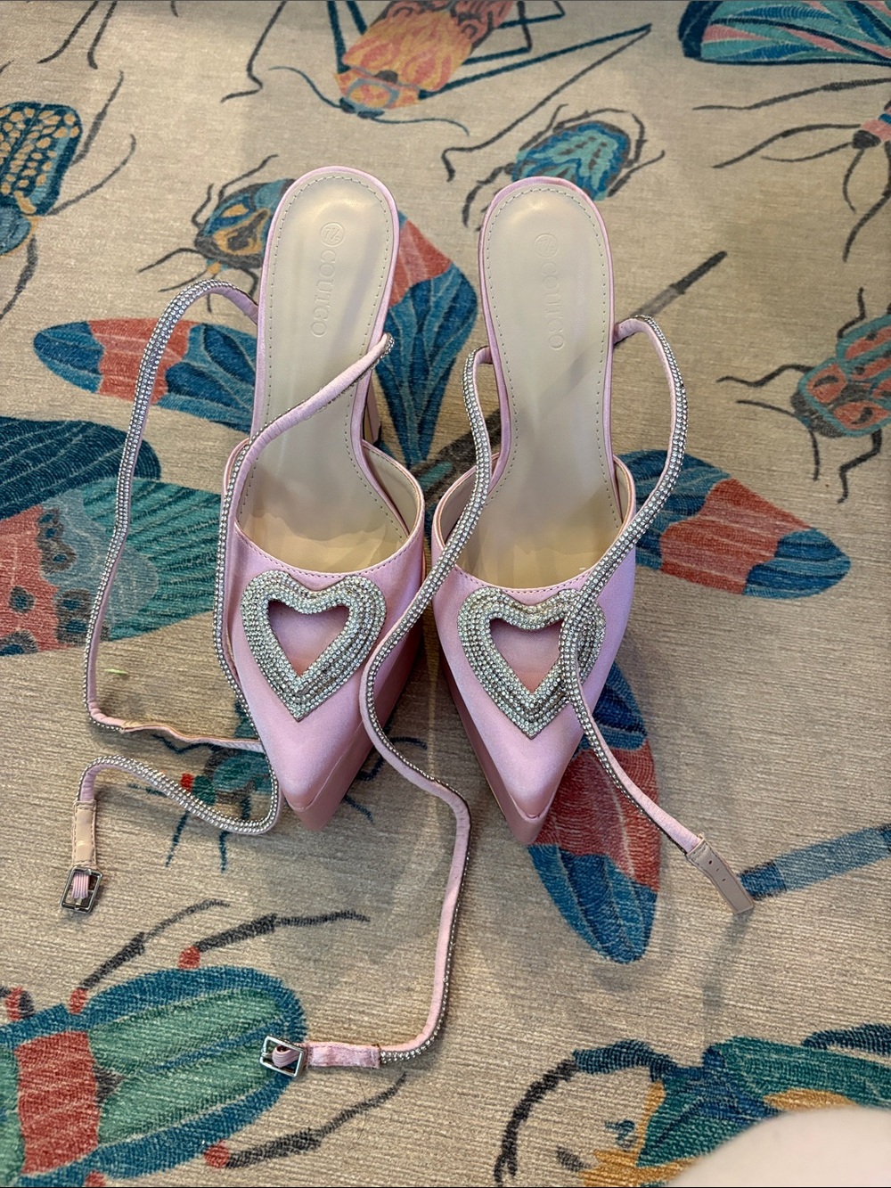 NIB Crystal Heart Pointed Heels with Ankle Strap